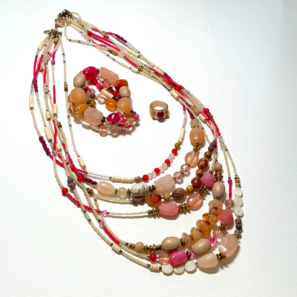 Chico’s pink multi-strand necklace, bracelet, ring